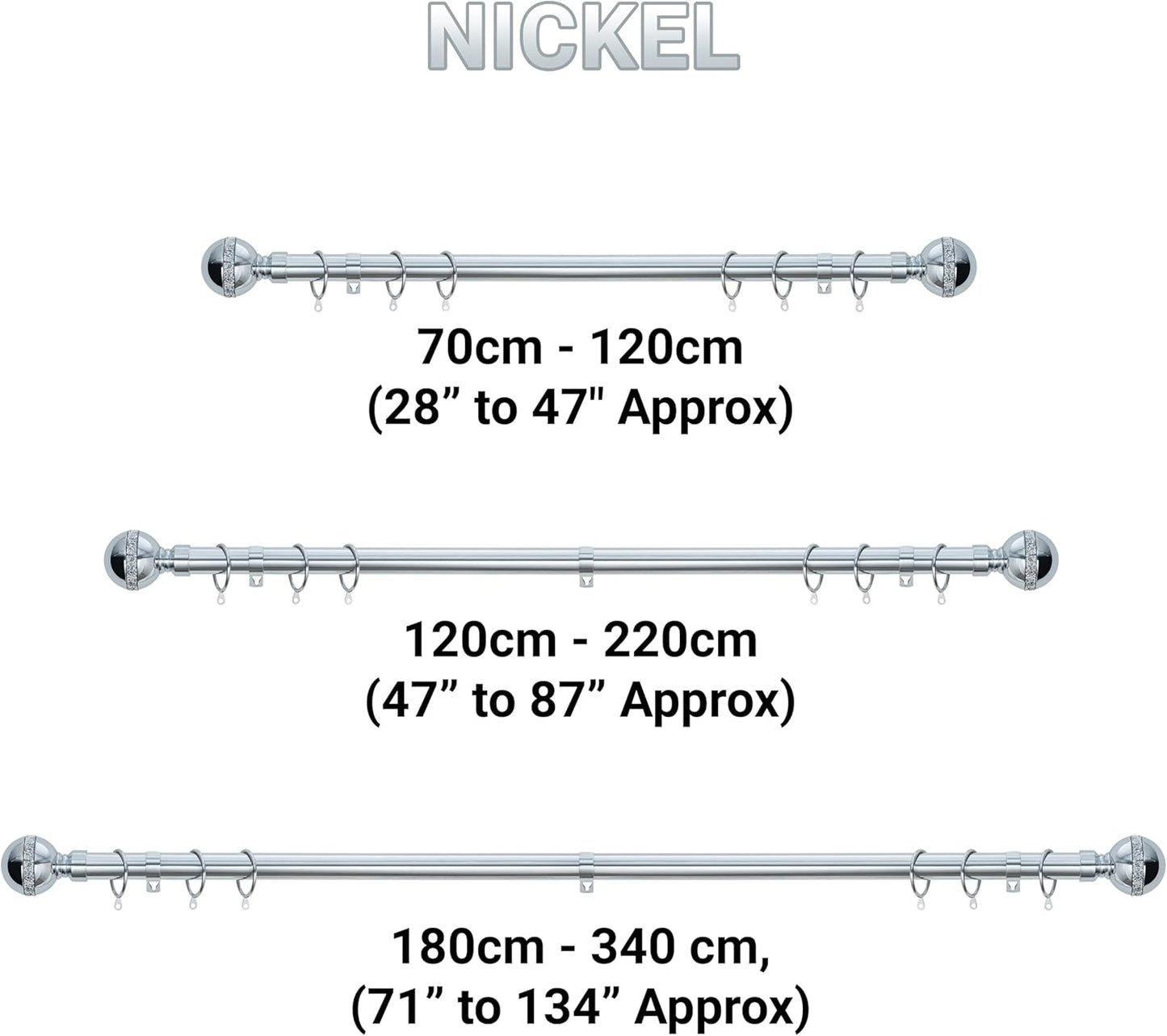 Diamante Ball Metal Extendable Curtain Pole with Rings and Fittings (25/28mm)