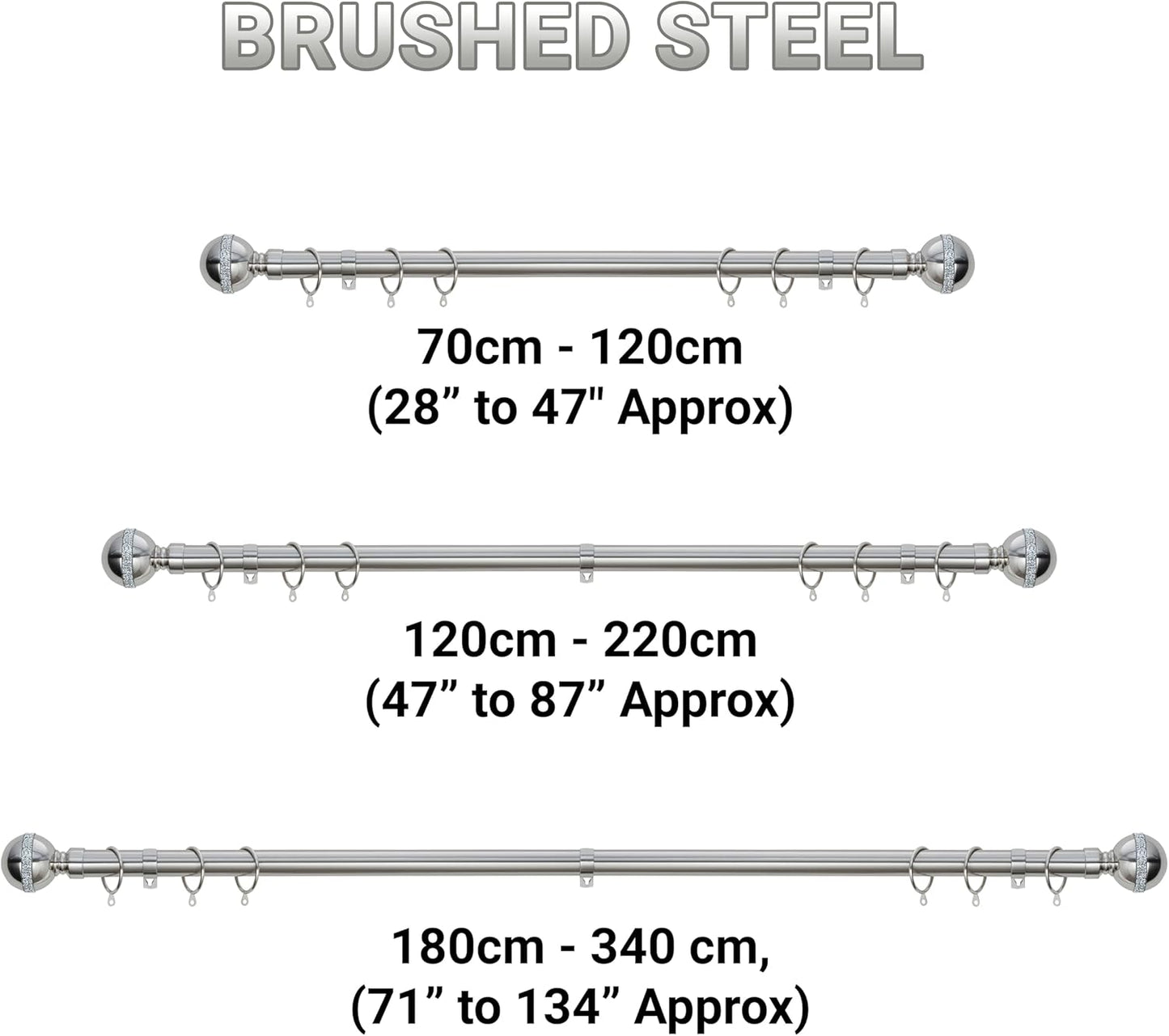Diamante Ball Metal Extendable Curtain Pole with Rings and Fittings (25/28mm)