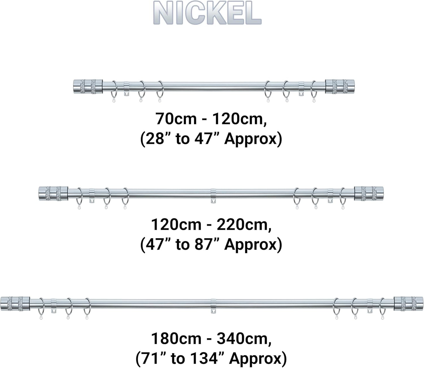 Diamante Barrel Metal Extendable Curtain Pole With Rings and Fittings, In a Variety of Colours and Sizes (25/28mm)