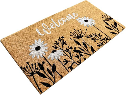PVC Printed Welcome Black & White Floral Coir Door Mat 40cmx80cm