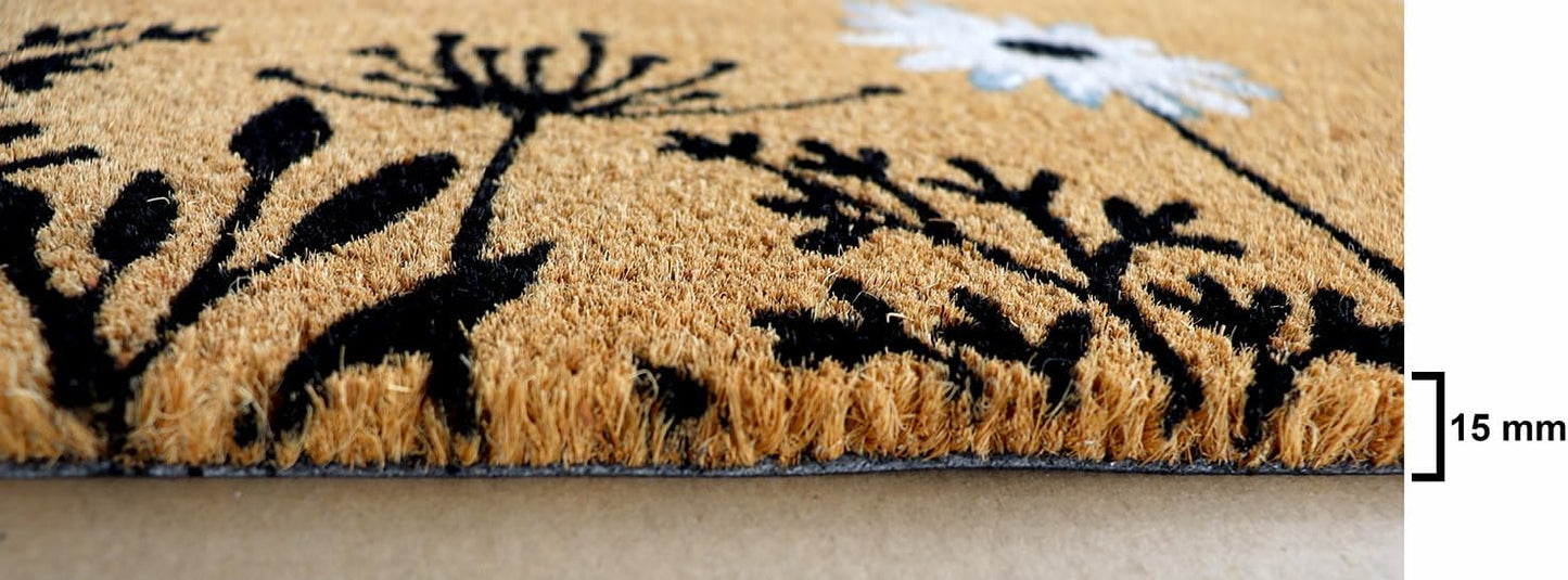 PVC Printed Welcome Black & White Floral Coir Door Mat 40cmx80cm