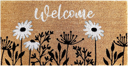 PVC Printed Welcome Black & White Floral Coir Door Mat 40cmx80cm