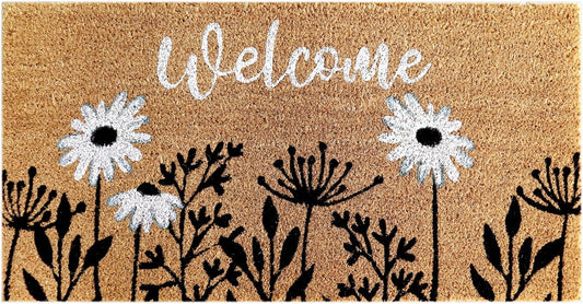 PVC Printed Welcome Black & White Floral Coir Door Mat 40cmx80cm