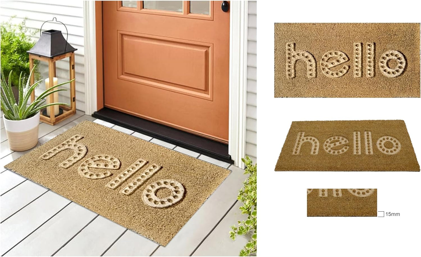 Natural Coir Doormat Embossed Hello Pattern 40cm x 80cm | Non-Slip PVC Backed