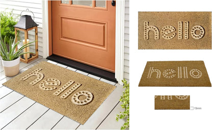 Natural Coir Doormat Embossed Hello Pattern 40cm x 80cm | Non-Slip PVC Backed
