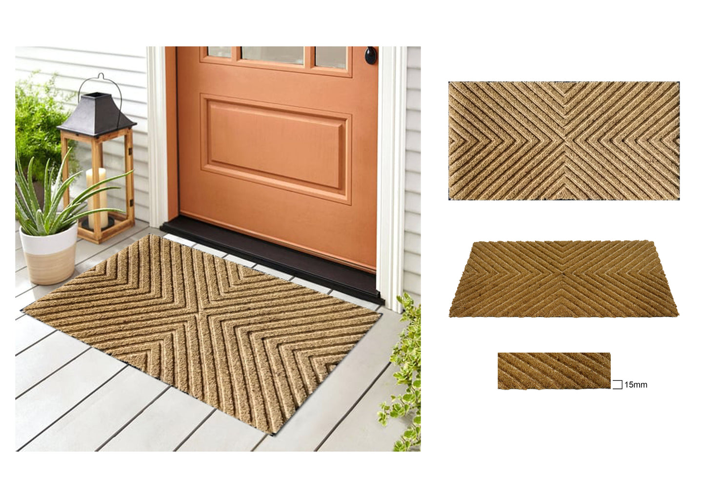 Natural Coir Doormat Embossed Stripes 40cm x 80cm | Non-Slip PVC Backed