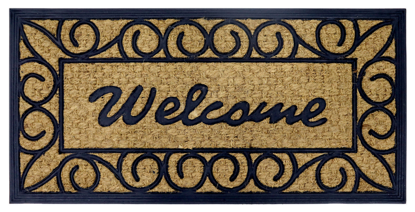 Natural Coir Doormat Printed Welcome Border Pattern 40 x 80cm - Rubber Back
