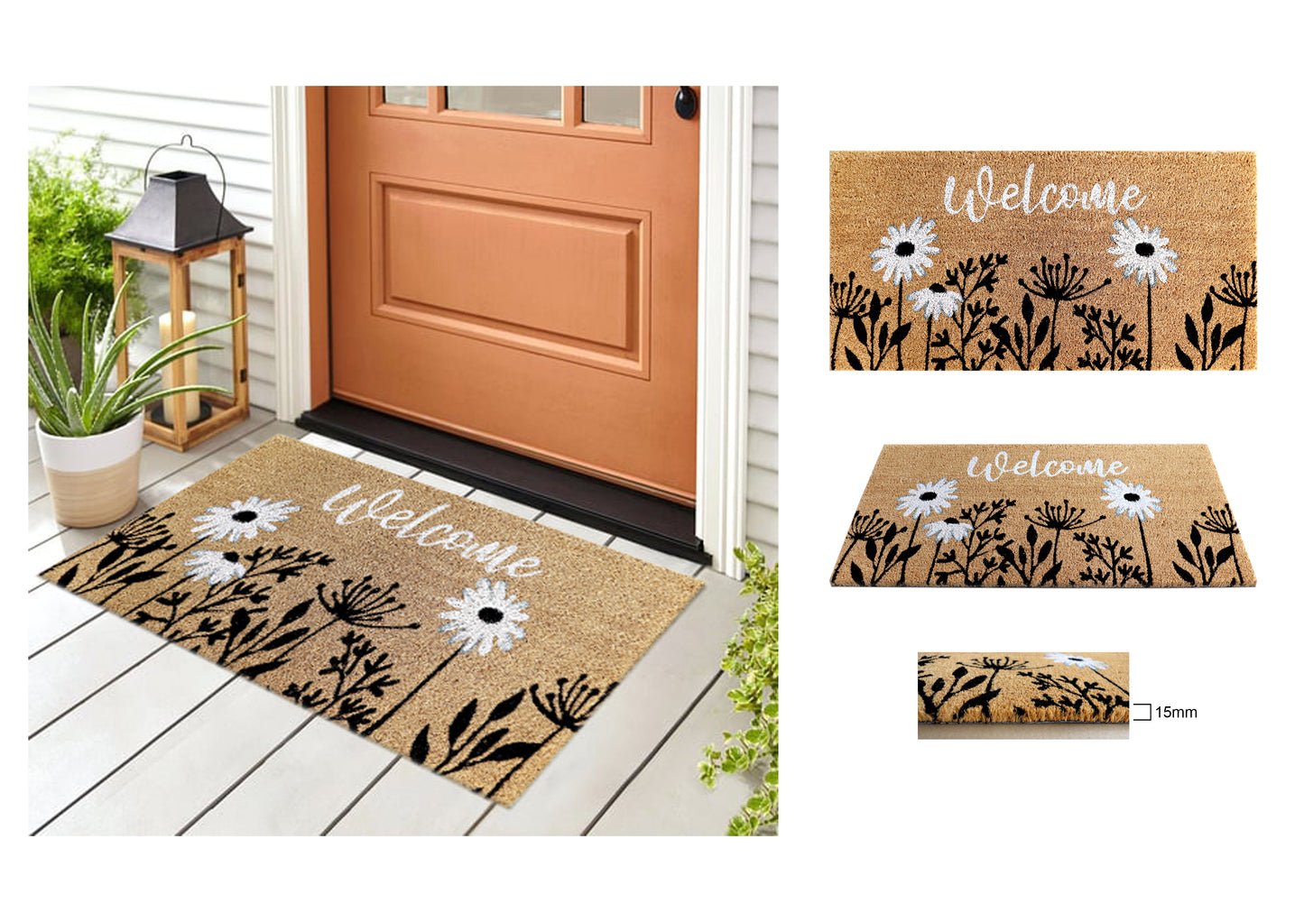 PVC Printed Welcome Black & White Floral Coir Door Mat 40cmx80cm