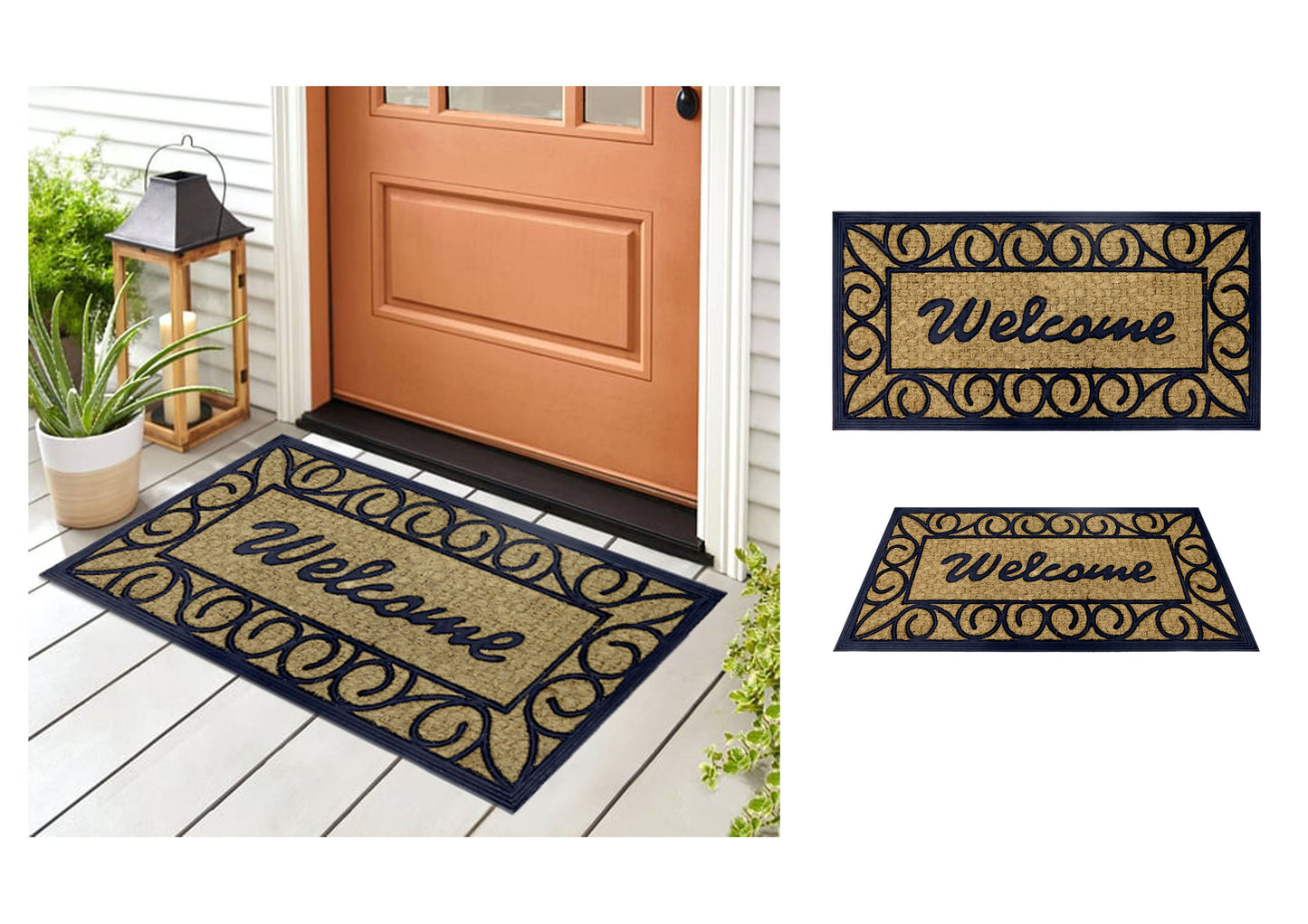 Natural Coir Doormat Printed Welcome Border Pattern 40 x 80cm - Rubber Back