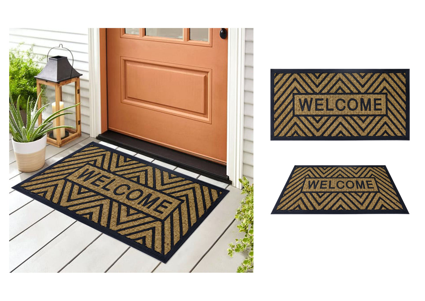 Natural Coir Doormat Printed Welcome Stripes Pattern 40 x 80cm - Rubber Back
