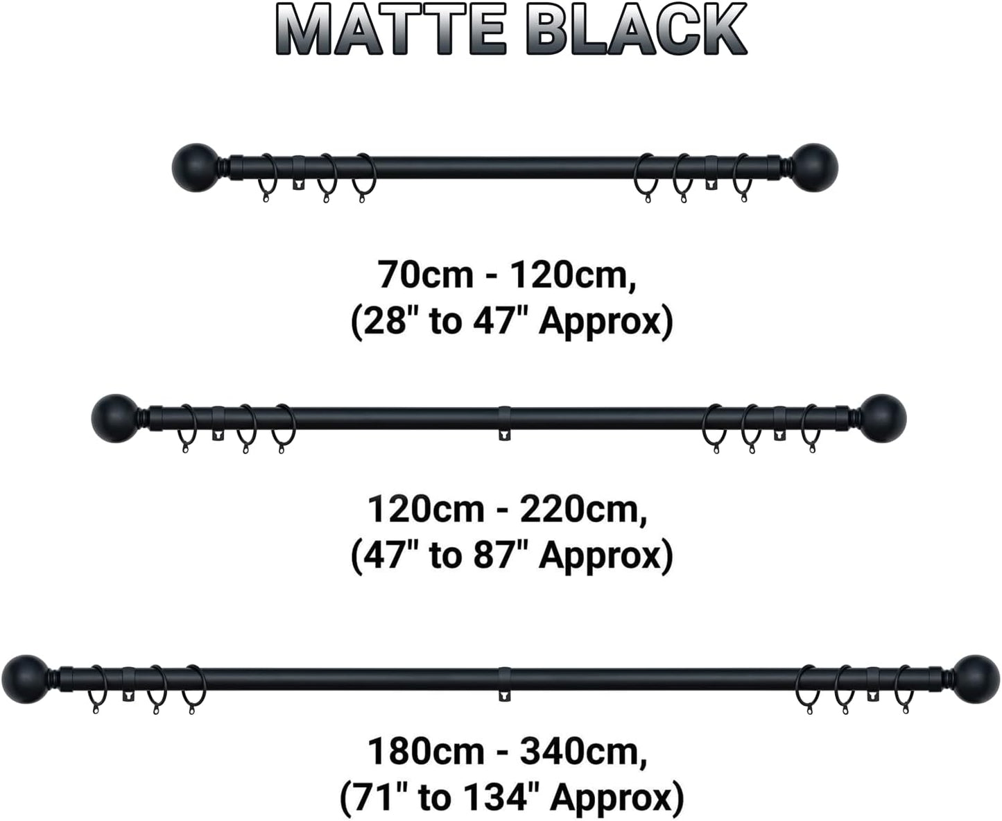 Plain Round Ball Metal Extendable Curtain Pole with Rings and Fittings (25/28mm)