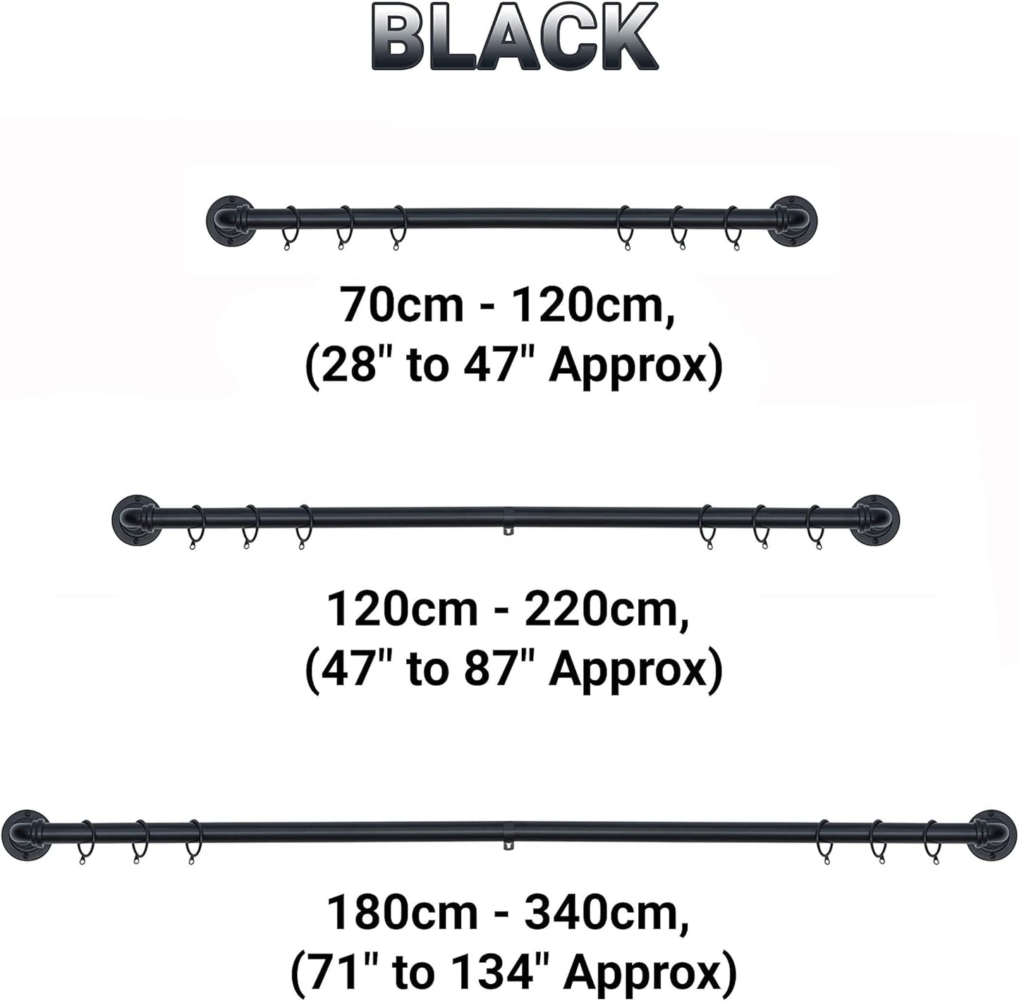 Room Darkening Metal Extendable Curtain Pole With Rings and Fittings (25/28mm)