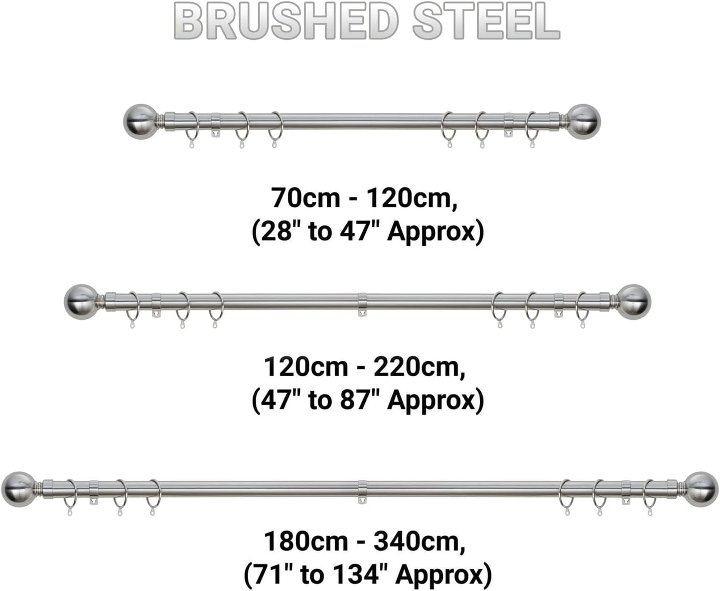 Plain Round Ball Metal Extendable Curtain Pole with Rings and Fittings (25/28mm)