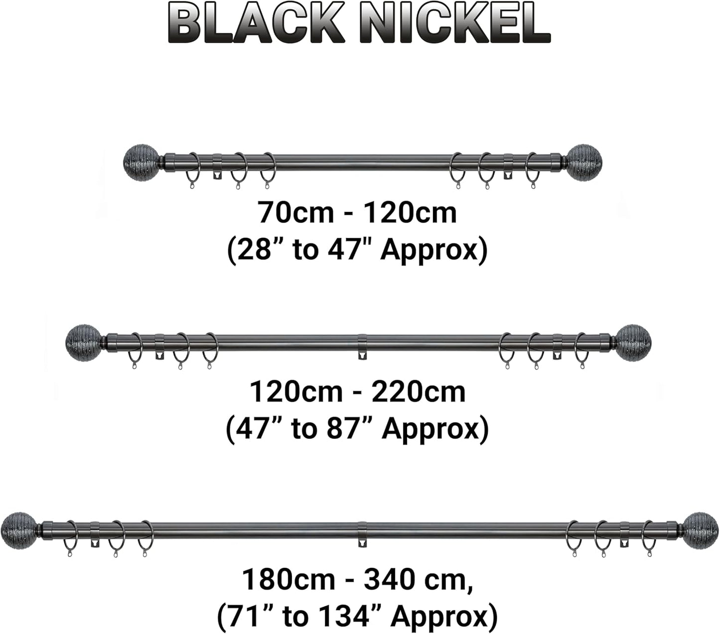 Etched Ball Metal Extendable Curtain Pole With Rings and Fittings (25/28mm)