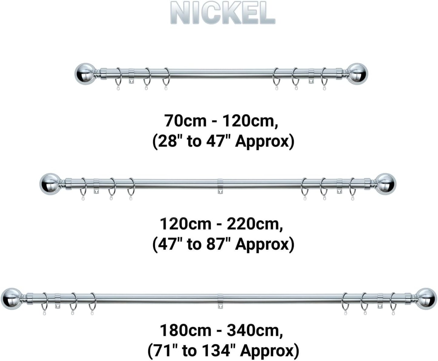 Plain Round Ball Metal Extendable Curtain Pole with Rings and Fittings (25/28mm)