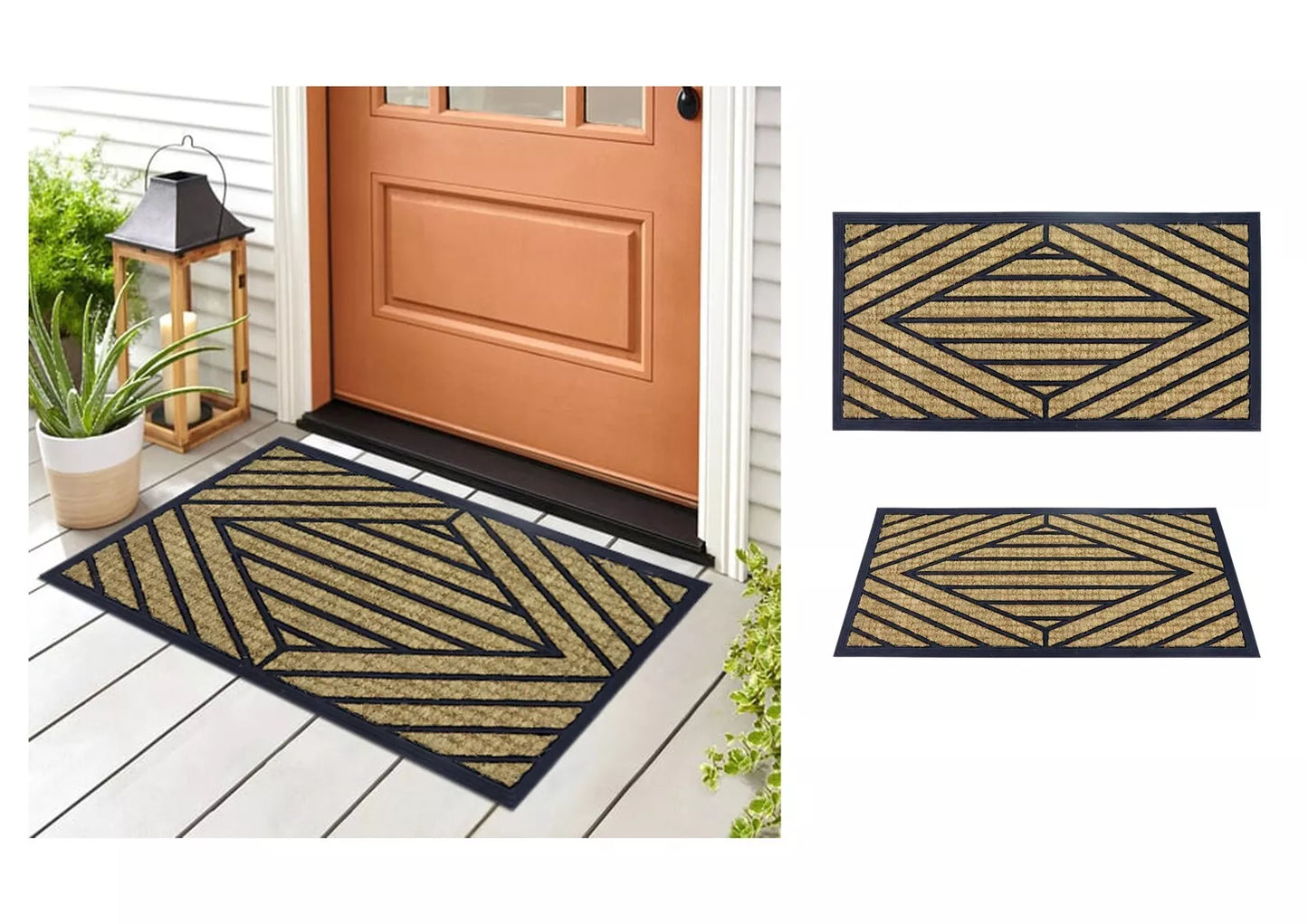 Natural Coir Doormat Printed Stripe Diamond Border Pattern 40 x 80cm - Rubber Back