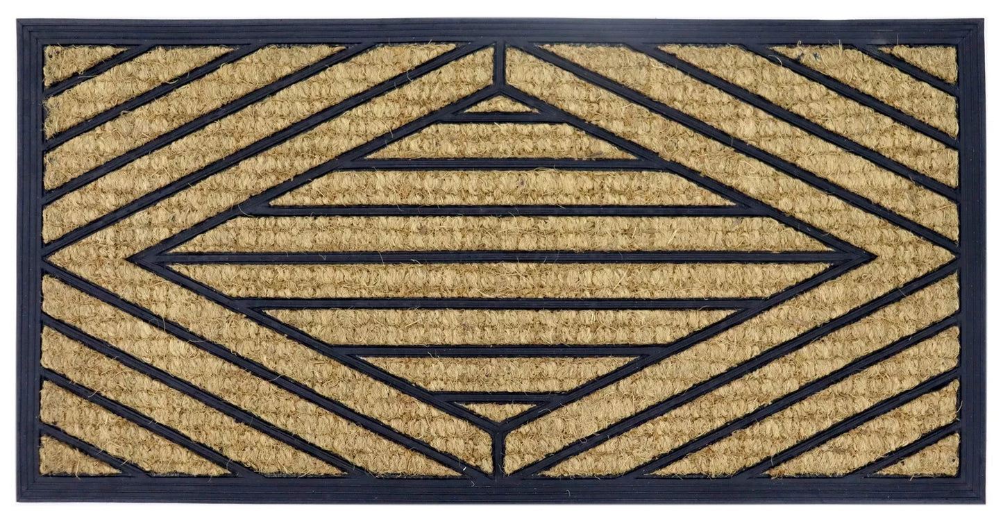 Natural Coir Doormat Printed Stripe Diamond Border Pattern 40 x 80cm - Rubber Back