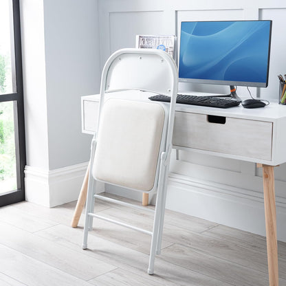 Metal Frame Foldable Chair Velvet Padded Chair for Kitchen Garden Office - White